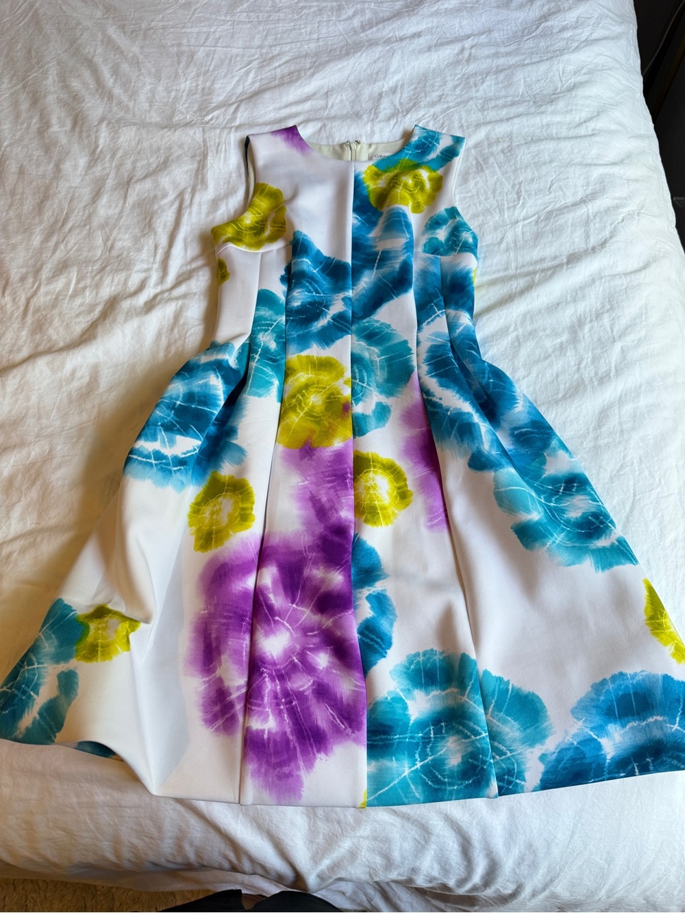 Calvin Klein White Fit-and-Flare Dress with Blue, Purple & Yellow Floral Print
